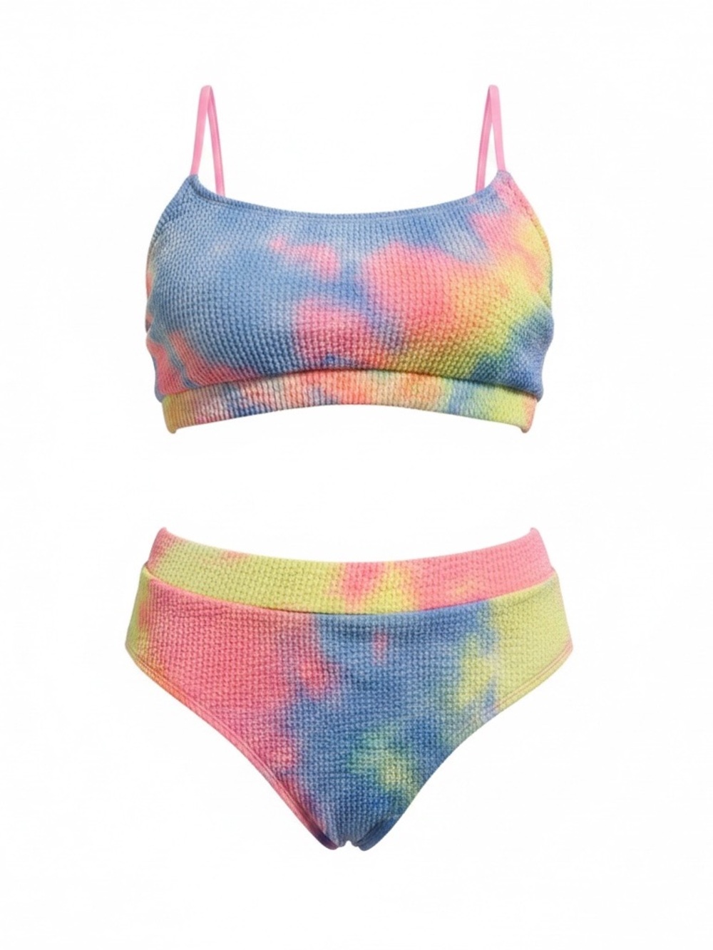 Tie-Dye Two-Piece Bikini in Pastel Pink, Blue & Yellow